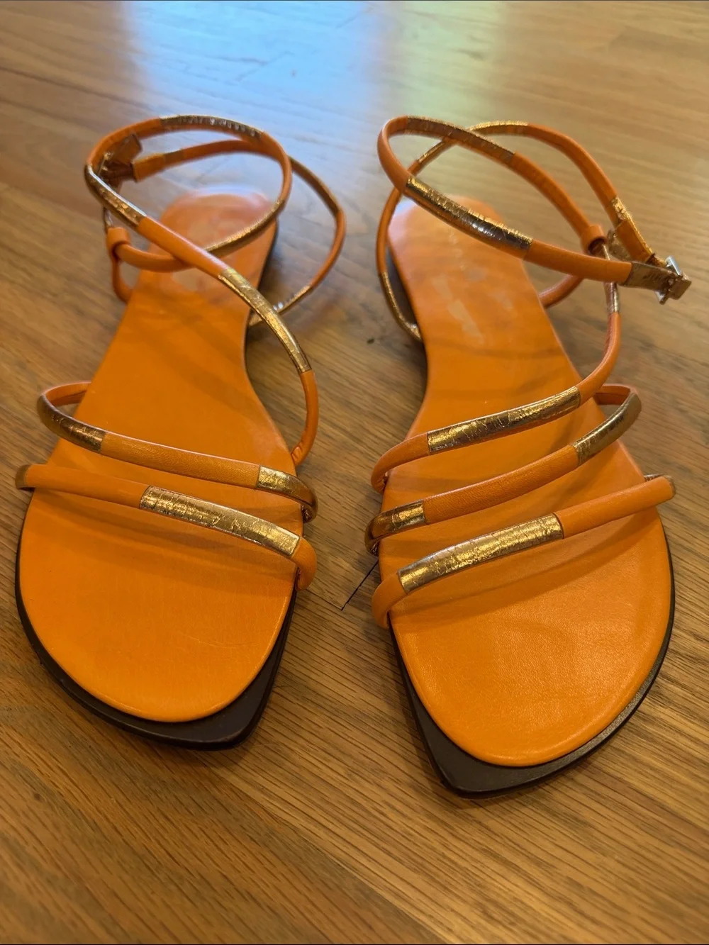 Tory Burch Orange and Gold Multi-Strap Flat Sandals